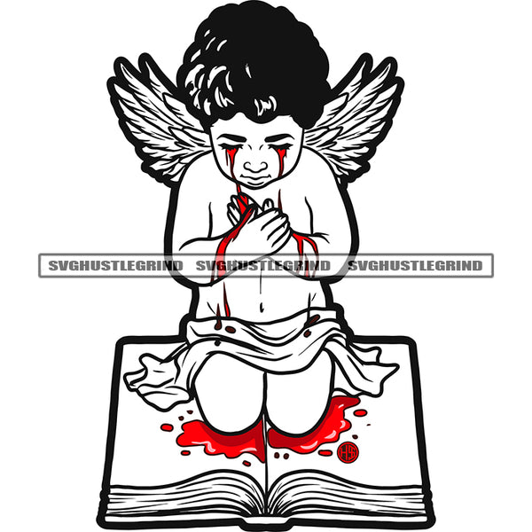 Young Angle Crying Sitting On Book Vector Blood Dripping Floor Angle Wing Black And White Color BW Hard Praying Hand SVG JPG PNG Vector Clipart Cricut Cutting Files