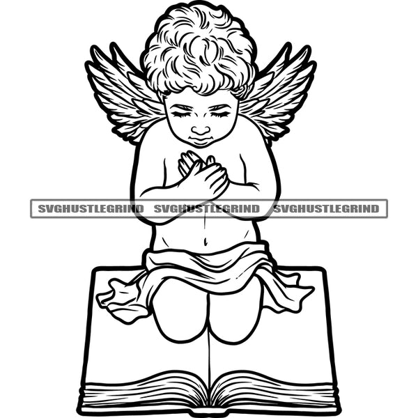 Afro Praying Hand Angle Sitting On Book God Praying Design Element Black And White Color BW SVG JPG PNG Vector Clipart Cricut Cutting Files