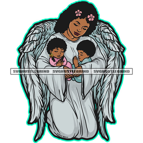 Guardian Angle Holding Child Vector Mother Angle Wing Color Design Element Young Angle Mom Keeps Child White Background SVG JPG PNG Vector Clipart Cricut Cutting Files