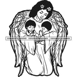 Guardian Angle Holding Child Vector Mother Angle Wing Black And White BW Design Element Young Angle Mom Keeps Child White Background SVG JPG PNG Vector Clipart Cricut Cutting Files