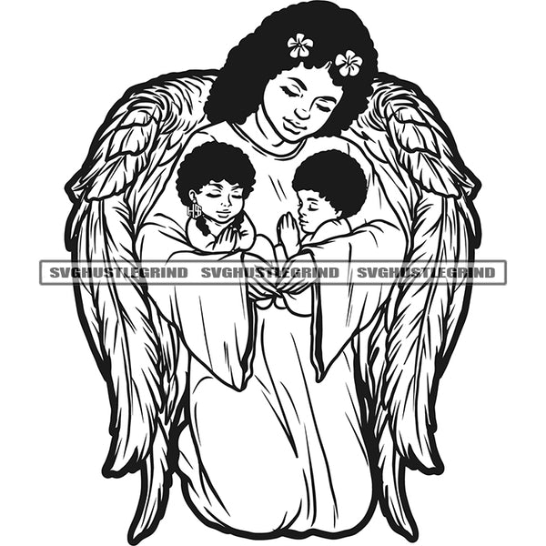 Guardian Angle Holding Child Vector Mother Angle Wing Black And White BW Design Element Young Angle Mom Keeps Child White Background SVG JPG PNG Vector Clipart Cricut Cutting Files