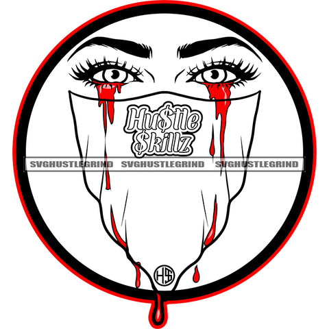 Vintage Gangster Girl Wearing Musk Half Face Circle Logo Design Element Blood Dripping On Eyes Black And White Color BW SVG JPG PNG Vector Clipart Cricut Cutting Files