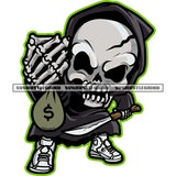 Cartoon Skull Skeleton Character Design Element Skull Hand Holding Knife And Money Bag Vector Color Design SVG JPG PNG Vector Clipart Cricut Cutting Files
