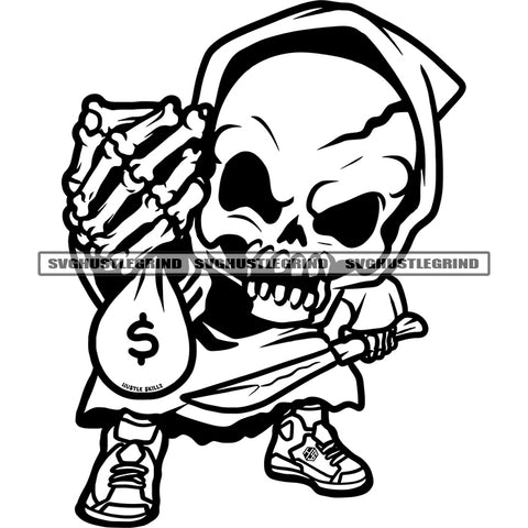 Cartoon Skull Skeleton Character Design Element Skull Hand Holding Knife And Money Bag Vector Black And White Color BW Design SVG JPG PNG Vector Clipart Cricut Cutting Files