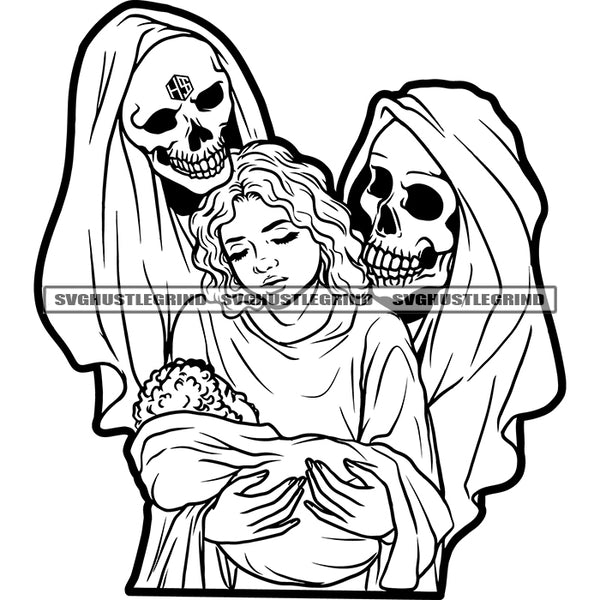 Grim Reaper Holding Mother keeps Child Vector Black And White BW Color Design Element Praying For Death Devil Evil Character SVG JPG PNG Vector Clipart Cricut Cutting Files