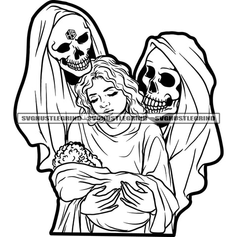 Grim Reaper Holding Mother keeps Child Vector Black And White BW Color Design Element Praying For Death Devil Evil Character SVG JPG PNG Vector Clipart Cricut Cutting Files