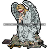Praying Blind Folded Blonde Woman Design Element Angel Praying Wings Beautiful Robe Gown Chain Grind White Background SVG PNG JPG Vector Cutting Cricut Files