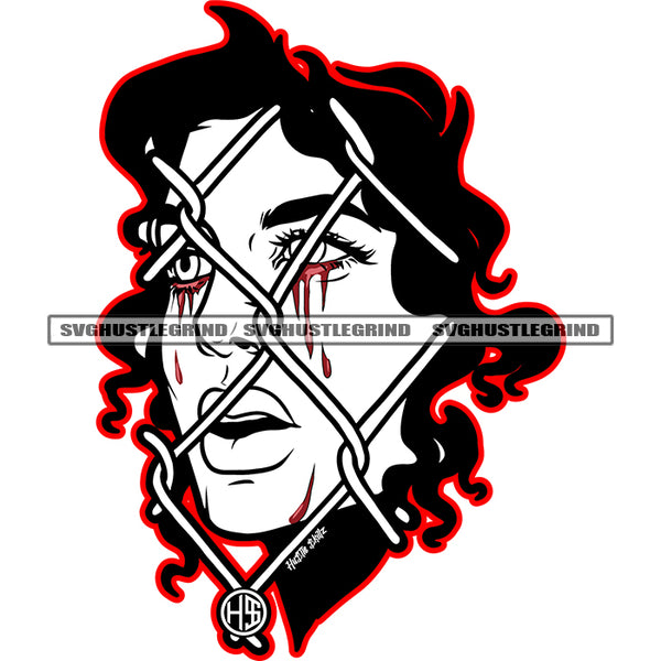 Black African American Man Crying Under Net Blood Dripping On Eye Design Element White And White Background BW Vector SVG PNG JPG Vector Cutting Cricut Files