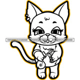 Gangster Cat Holding Money And Money Bag Design Element Black And White Color Cat Standing Cute Face Vector Bw SVG PNG JPG Vector Cutting Cricut Files