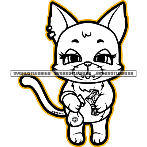 Gangster Cat Holding Money And Money Bag Design Element Cat Standing Cute Face Vector Black And White Color BWSVG PNG JPG Vector Cutting Cricut Files