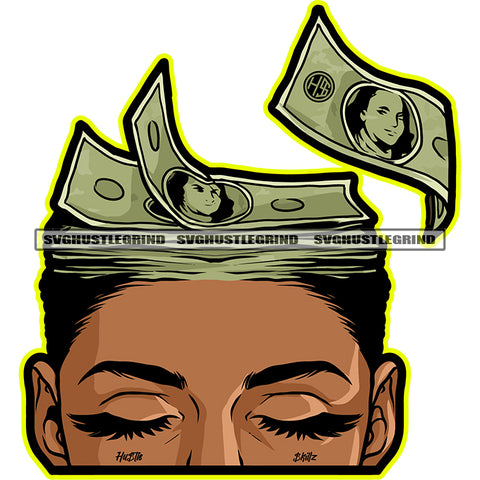 African American Woman Half Face Design Element Money Dripping On Head Vector Close Eye White Background SVG PNG JPG Vector Cutting Cricut Files