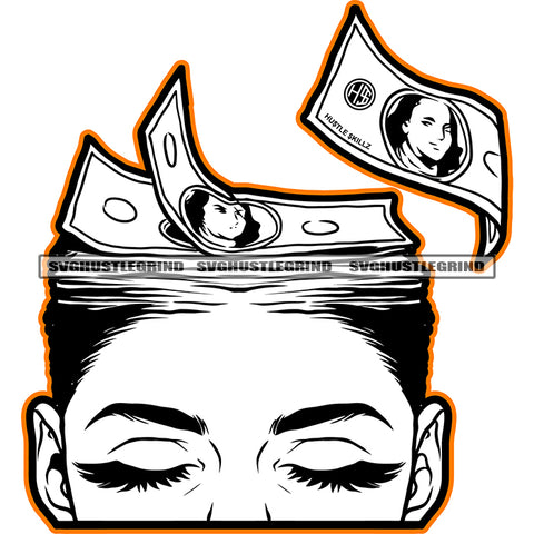 African American Woman Half Face Design Element Money Dripping On Head Vector Close Eye White And Black Color BW SVG PNG JPG Vector Cutting Cricut Files