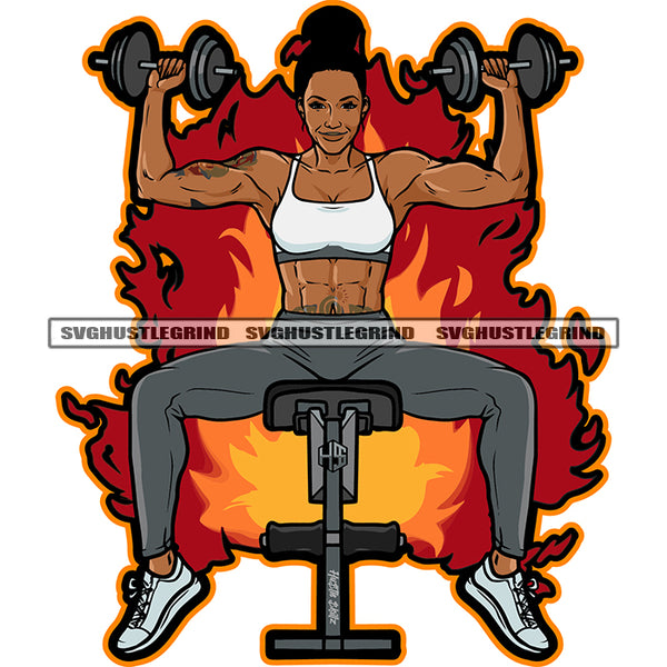 Fitness Girl At Gym Center Woman Sitting And Holding Dumbbell Design Element Color Fire Background Vector SVG PNG JPG Vector Cutting Cricut Files