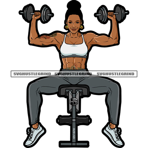 Fitness Woman At Gym Vector Holding Dumbbell Six Peck Girl Design Element White Background SVG PNG JPG Vector Cutting Cricut Files