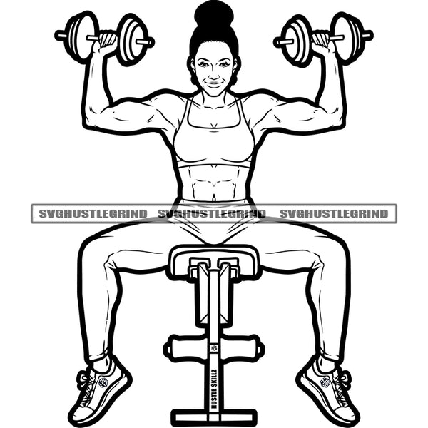 Fitness Girl At Gym Center Woman Sitting And Holding Dumbbell Design Element Black And White Color BW Vector SVG PNG JPG Vector Cutting Cricut Files