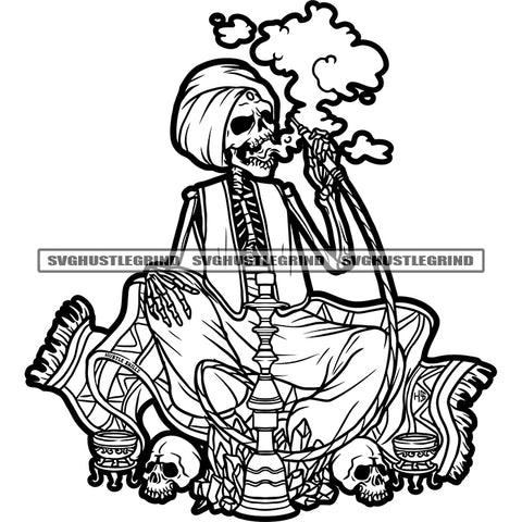 Skull Skeleton Buddha Smoking Weed Vector Color Design Element Smoke On Mouth Black And White Color BW Buddha Sitting SVG PNG JPG Vector Cutting Cricut Files