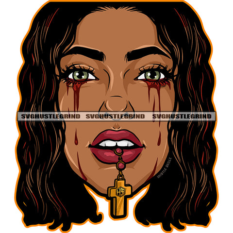 African Woman Crying Face Design Element Blood Dripping On Eye Vector Cross On Woman Mouth Long Hair SVG PNG JPG Vector Cutting Cricut Files