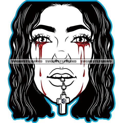 Melanin Woman Crying Face Blood Dripping Design Element Cross on Mouth Black And White Color BW Vector SVG JPG PNG Vector Clipart Cricut Cutting Files