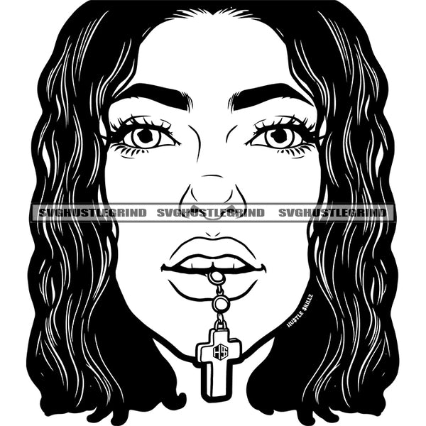 Melanin Woman Long Hair Face Black And White Color Design Element BW Cross On Mouth Vector SVG JPG PNG Vector Clipart Cricut Cutting Files