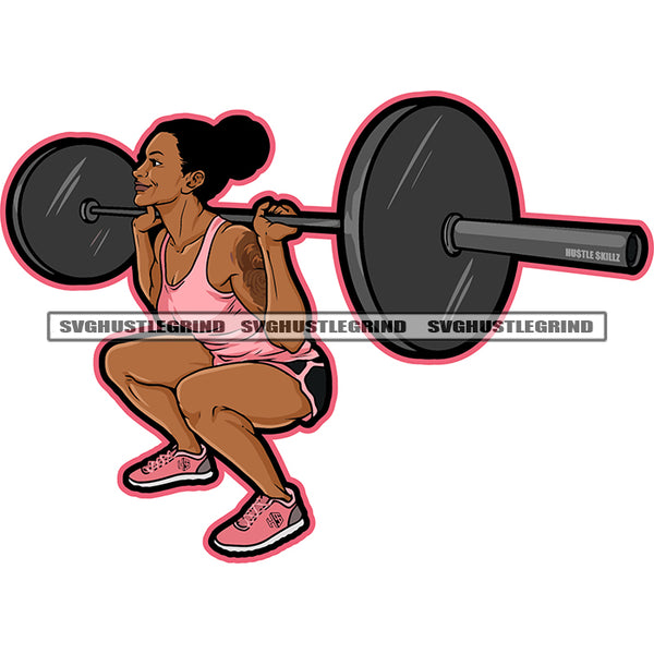 Strong Melanin Lifting Weights Squatting Barbell Color Design Element Woman Bodybuilder Fitness White Background Vector SVG JPG PNG Vector Clipart Cricut Cutting Files