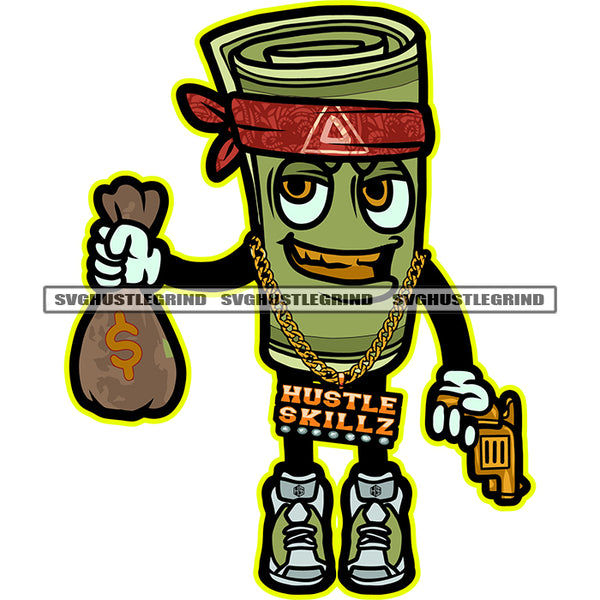 Cartoon Money Roll Character Holding Money Bag And Gun Design Element Gangster Money Roll Smile Face Vector SVG JPG PNG Vector Clipart Cricut Cutting Files