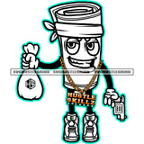 Cartoon Money Roll Character Holding Money Bag And Gun Black And White Color BW Design Element Gangster Money Roll Smile Face Vector SVG JPG PNG Vector Clipart Cricut Cutting Files