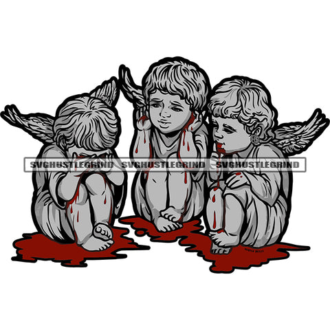 Baby Angle Sitting On Floor With Wings Red Blood On Floor Three Cute Baby Angle BW Silhouette SVG JPG PNG Vector Clipart Cricut Silhouette Cut Cutting