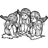 Black And White Artwork African American Baby Angle Sitting On Floor With Wings Happy Face Three Cute Baby Angle BW Silhouette SVG JPG PNG Vector Clipart Cricut Silhouette Cut Cutting