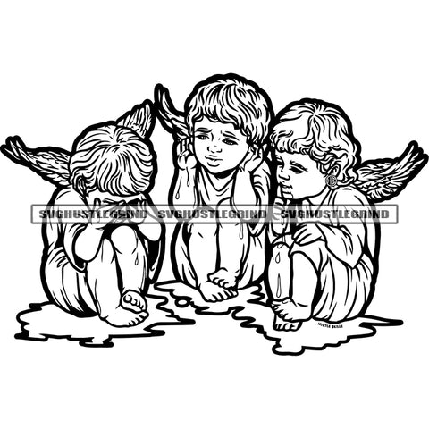 Black And White Artwork African American Baby Angle Sitting On Floor With Wings Happy Face Three Cute Baby Angle BW Silhouette SVG JPG PNG Vector Clipart Cricut Silhouette Cut Cutting