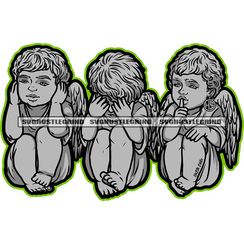 Baby Angle Smile Face Green Color Artwork African American Baby Angle Sitting On Floor With Wings Happy Face Three Cute Baby Angle BW Silhouette SVG JPG PNG Vector Clipart Cricut Silhouette Cut Cutting