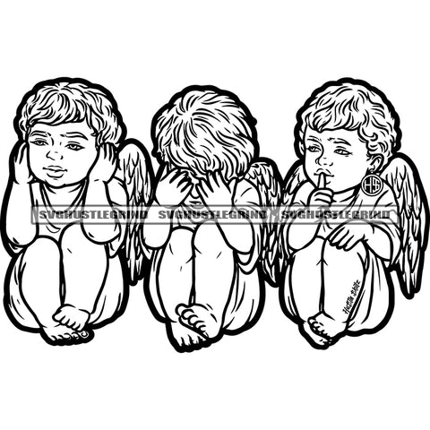 Crying African American Baby Angle Sitting On Fire Black And White Artwork With Wings Happy Face Three Cute Baby Angle BW Silhouette SVG JPG PNG Vector Clipart Cricut Silhouette Cut Cutting