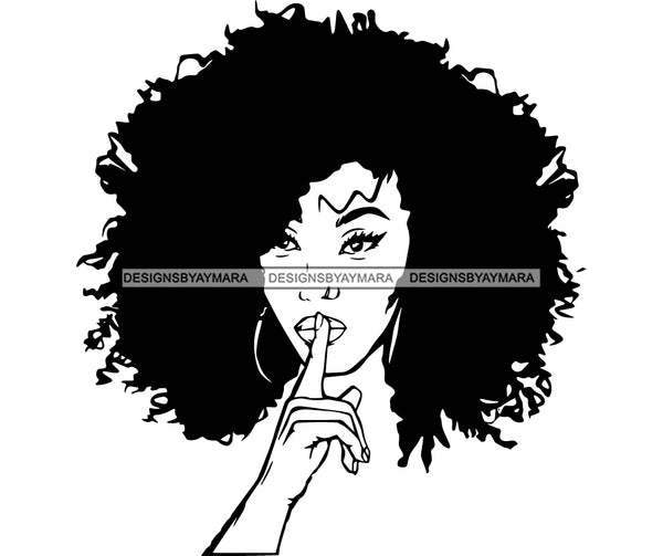 Afro Woman Shut Up Hand Sign Vector Afro Hair Style Beautiful Classy Design Element Black And White Color BW SVG JPG PNG Vector Clipart Cricut Cutting Files