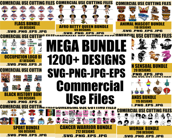 Mega Bundle 1200+Designs Mix Bundle Commercial Use Cutting Files Sublimation Designs SVG PNG JPG EPS