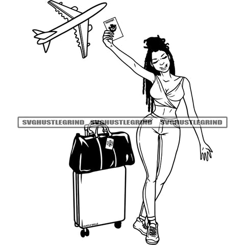 Young Afro Woman Standing Airport Vector Afro Girl Holding Passport Boarding The Plane ready To Fly Luggage SVG JPG PNG Vector Clipart Cricut Cutting Files