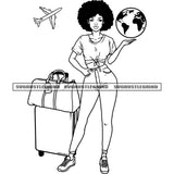 Young Afro Woman Standing Airport Vector Afro Girl Boarding The Plane ready To Fly Luggage SVG JPG PNG Vector Clipart Cricut Cutting Files