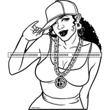 Afro Gangster Woman Wearing Chain And Cap Vector Curly Hair Style Sexy Woman Cartoon Design Element Black And White Color BW SVG JPG PNG Vector Clipart Cricut Cutting Files