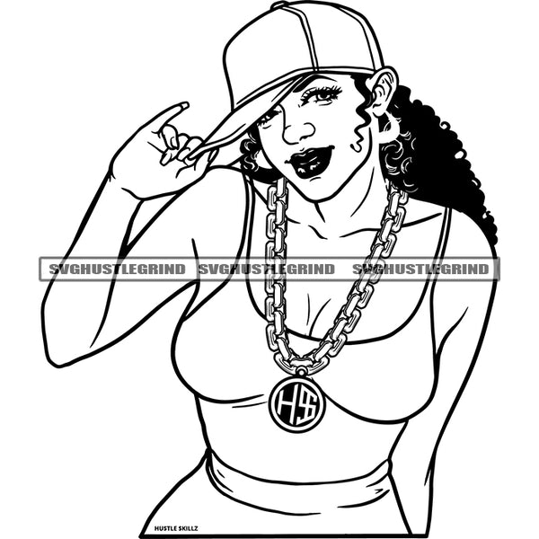 Afro Gangster Woman Wearing Chain And Cap Vector Curly Hair Style Sexy Woman Cartoon Design Element Black And White Color BW SVG JPG PNG Vector Clipart Cricut Cutting Files