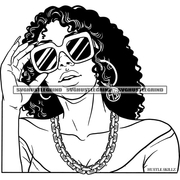 Afro Pretty Girl Wearing Sunglass Vector Afro Woman Short Hairstyle Design Element Holding Sunglass Black White Color Bw SVG JPG PNG Vector Clipart Cricut Cutting Files