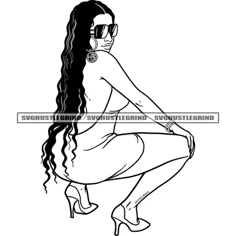 Sexy Afro Woman Sitting Vector Fortinet Skin Curly Long Hair Design Element Sexy Pose Black And White Color Bw SVG JPG PNG Vector Clipart Cricut Cutting Files