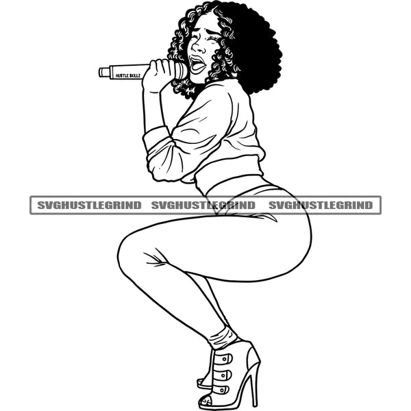 Afro Woman Sitting On Floor Vector Melanin Woman Holding Microphone Curly Hair And Sexy Pose Design Element Black And White Color BW SVG JPG PNG Vector Clipart Cricut Cutting Files