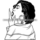 African Woman Sexy Pose Vector Long Nail Curly Hair Tongue Beautiful Face Black And White Color BW Open Mouth SVG JPG PNG Vector Clipart Cricut Cutting Files