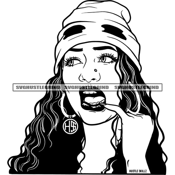 Afro Woman Bite On His Nail Vector Wearing Cap Curly Long Hair Design Element Black And White Color SVG JPG PNG Vector Clipart Cricut Cutting Files