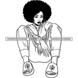 Afro Woman Sitting Sexy Pose Vector Afro Hair Style Long Nail Design Element Black And White Color BW African Woman SVG JPG PNG Vector Clipart Cricut Cutting Files