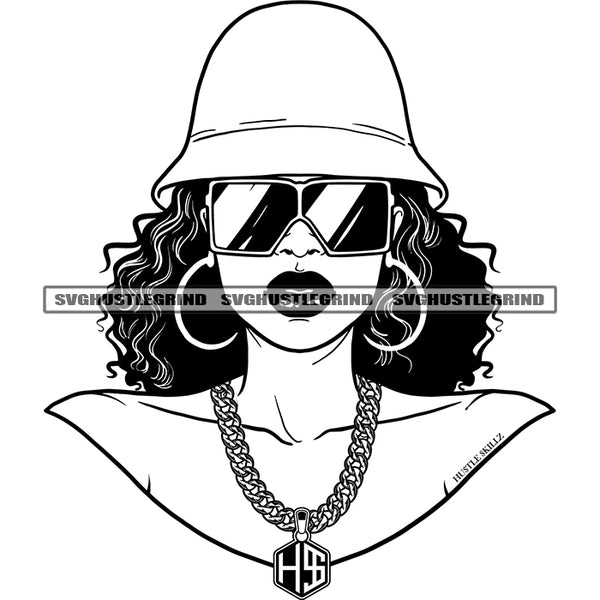 Afro Woman Wearing Hat And Sunglass Vector Curly Hair Head Design Element Black And White Color BW Swag Gangster Woman SVG JPG PNG Vector Clipart Cricut Cutting Files