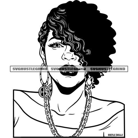 Attractive Afro Woman Curly Hair Vector Wearing Chain Design Element One Eye Close Hair Black And White Color BW SVG JPG PNG Vector Clipart Cricut Cutting Files