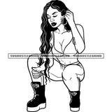Black And White Goddess Cute Cartoon Character Design Element Curly Hair Woman Sitting Sexy Pose Vector BW SVG JPG PNG Vector Clipart Cricut Cutting Files