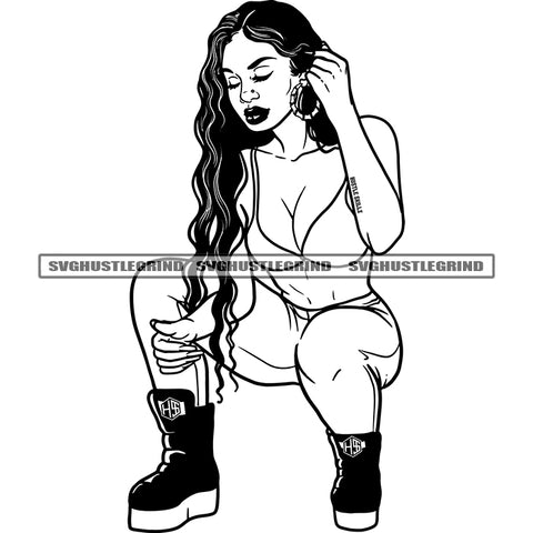 Black And White Goddess Cute Cartoon Character Design Element Curly Hair Woman Sitting Sexy Pose Vector BW SVG JPG PNG Vector Clipart Cricut Cutting Files