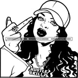 Afro Woman Showing Middle Finger Hand Sign Vector Wearing Cap Curly Long Hair Design Element Black And White BW SVG JPG PNG Vector Clipart Cricut Cutting Files