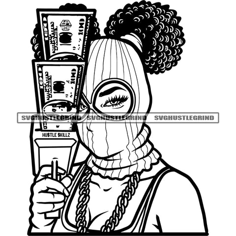 Money Needs Me Quote Gangster Badass Vector Melanin Nubian Hipster Ghetto Black White BW Woman Shutting Money Dollar Bill Ski Mask Curly Hair SVG JPG PNG Vector Clipart Cricut Cutting Files