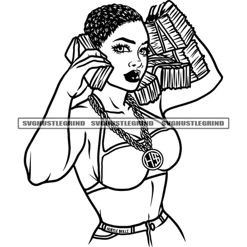 Black And White Goddess Vector Hustle And Pray Design Element Short Curly Hair Woman BW Holding Bundle Money Use Phone SVG JPG PNG Vector Clipart Cricut Cutting Files